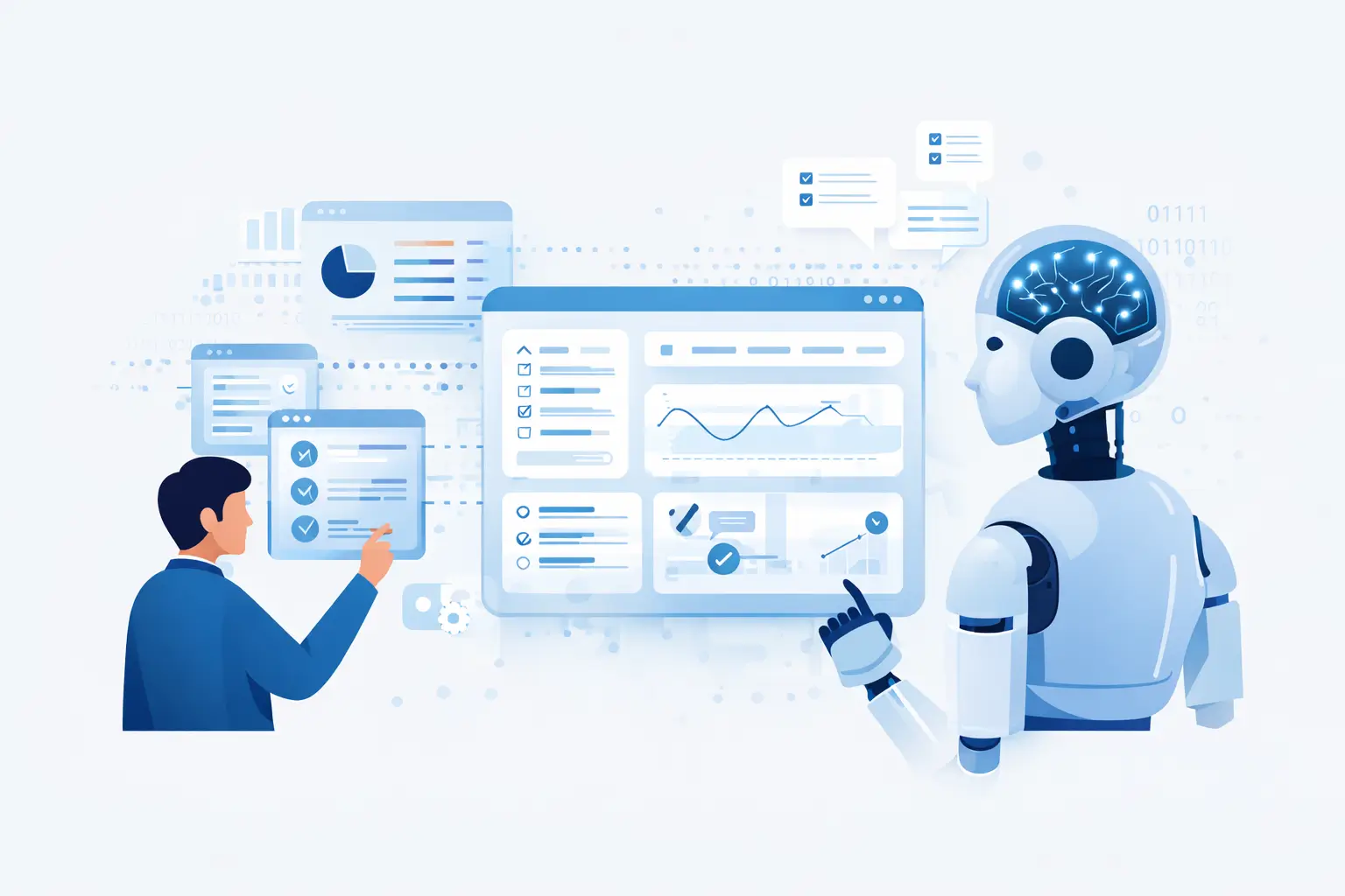 robot and a person doing computation